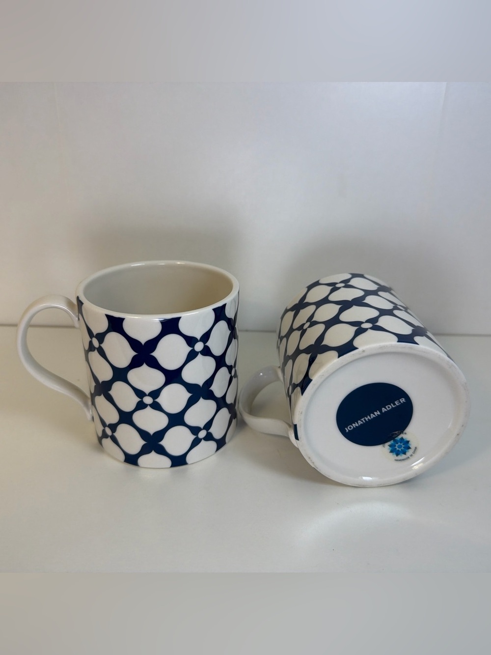 Jonathan Adler White and Navy Geometric Ceramic Mugs - Pair